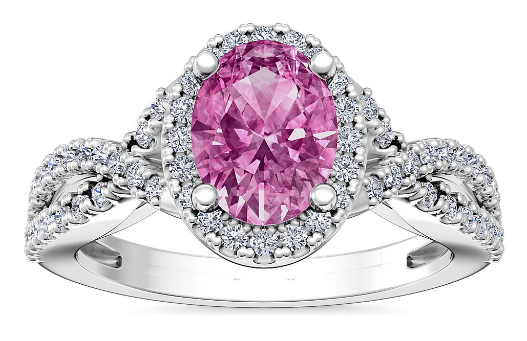 Twist Cushion Cut Pink Sapphire and Moissanite Engagement Ring