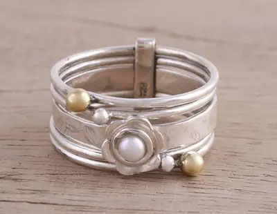 silver flower pearl wedding ring